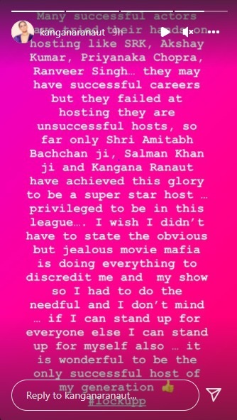 Kangana Ranaut writes about successful and unsuccessful hosts on Instagram Stories.