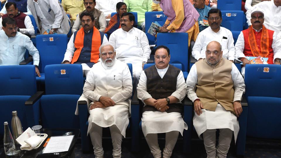 Prime Minister Narendra Modi, BJP president J P Nadda and Union minister Amit Shah at the BJP Parliamentary party meeting, in New Delhi on Tuesday. (Arvind Yadav/HT photo)