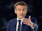 French President Emmanuel Macron and centrist candidate for reelection delivers his speech during a meeting in Paris. French President Emmanuel Macron and centrist candidate for reelection delivers his speech during a meeting in Paris.