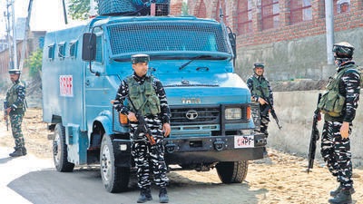 Security personnel near the encounter site in Tral area on Wednesday (ANI) Security personnel near the encounter site in Tral area on Wednesday (ANI)