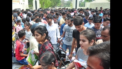 TESTING TIMES IIT-JEE aspirants coming out of the examination hall after writing the Mains paper, in Patna on Sunday. AP Dube/HT Photo