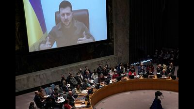 President Volodymyr Zelensky of Ukraine addresses a meeting of the United Nations Security Council, New York, April 5, 2022 (AFP)