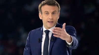French President Emmanuel Macron and centrist candidate for reelection delivers his speech during a meeting in Paris. (AP) French President Emmanuel Macron and centrist candidate for reelection delivers his speech during a meeting in Paris. (AP)