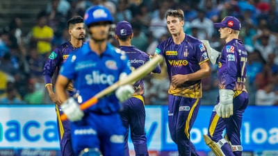 Pune: Pat Cummins of Kolkata Knight Riders celebrates with teammates after the wicket of Ishan Kishan of Mumbai Indians, during match 14 of the Indian Premier League 2022 cricket tournament between the Kolkata Knight Riders and the Mumbai Indians, at the MCA International Stadium in Pune, Wednesday, April 6, 2022. (Sportzpics for IPL/PTI Photo)(PTI04_06_2022_000261A) (PTI) Pune: Pat Cummins of Kolkata Knight Riders celebrates with teammates after the wicket of Ishan Kishan of Mumbai Indians, during match 14 of the Indian Premier League 2022 cricket tournament between the Kolkata Knight Riders and the Mumbai Indians, at the MCA International Stadium in Pune, Wednesday, April 6, 2022. (Sportzpics for IPL/PTI Photo)(PTI04_06_2022_000261A) (PTI)