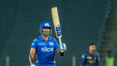 Pune: Suryakumar Yadav of Mumbai Indians raises his bat after scoring a half century, during match 14 of the Indian Premier League 2022 cricket tournament between the Kolkata Knight Riders and the Mumbai Indians, at the MCA International Stadium in Pune, Wednesday, April 6, 2022. (Sportzpics for IPL/PTI Photo)(PTI04_06_2022_000275B) (PTI) Pune: Suryakumar Yadav of Mumbai Indians raises his bat after scoring a half century, during match 14 of the Indian Premier League 2022 cricket tournament between the Kolkata Knight Riders and the Mumbai Indians, at the MCA International Stadium in Pune, Wednesday, April 6, 2022. (Sportzpics for IPL/PTI Photo)(PTI04_06_2022_000275B) (PTI)