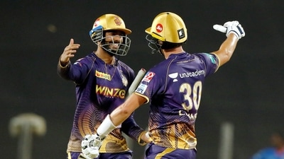Pune: Pat Cummins and Venkatesh Iyer of Kolkata Knight Riders greet each other after Kolkata Knight Riders won match 14 of the Indian Premier League 2022 cricket tournament against Mumbai Indians, at the MCA International Stadium in Pune, Wednesday, April 6, 2022. (Sportzpics for IPL/PTI Photo)(PTI04_06_2022_000301B) (PTI) Pune: Pat Cummins and Venkatesh Iyer of Kolkata Knight Riders greet each other after Kolkata Knight Riders won match 14 of the Indian Premier League 2022 cricket tournament against Mumbai Indians, at the MCA International Stadium in Pune, Wednesday, April 6, 2022. (Sportzpics for IPL/PTI Photo)(PTI04_06_2022_000301B) (PTI)