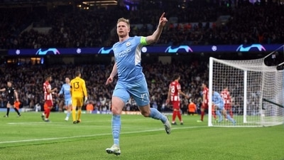 Champions League - Quarter Final - First Leg - Manchester City v Atletico Madrid - Etihad Stadium, Manchester, Britain - April 5, 2022 Manchester City's Kevin De Bruyne celebrates scoring their first goal (Action Images via Reuters)