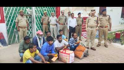 Prisoners of Naini Central Jail after their release on Wednesday. ((HT))