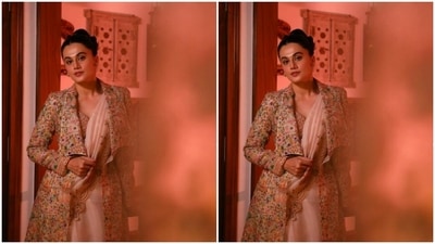 Taapsee played muse to the fashion designer Saroj Jalan and picked an off-white co-ord set from the designer’s wardrobe. (Instagram/@taapsee)