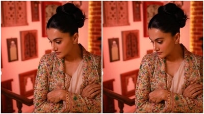 In ear studs from the house of Mahesh Notandass Fine Jewellery, Taapsee completed her look with a top bun, black eyeliner, mascara-laden eyelashes, drawn eyebrows, contoured cheeks and a shade of soft pink lipstick. (Instagram/@taapsee)