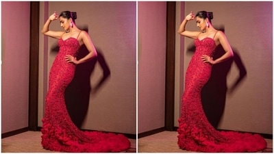 Taapsee’s slip-in gown came with intricate details in pink and silver resham threads and a long trail. (Instagram/@taapsee)