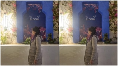 For her first night out in Aqaba, Kirti chose to slay winter fashion in a monochrome sweater and a pair of denims with wide legs. She posed by a quote that read “Bloom.” (Instagram/@iamkirtikulhari)