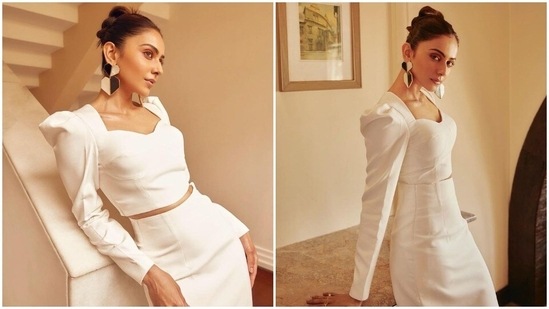 Rakul Preet has kickstarted the promotions of her upcoming film Runway 34 which is slated to release on April 29. The actor has been constantly giving fashionistas a run for their money with her stylish designer fits for all her promotional events. For a recent promotional event, Rakul went all white and aced the chic avatar in a white co-ord set.(Instagram/@rakulpreet)