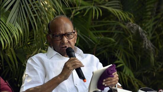 Nationalist Congress Party chief Sharad Pawar addresses a press conference at his residence, in New Delhi, on Wednesday. (Sanjeev Verma/HT PHOTO)