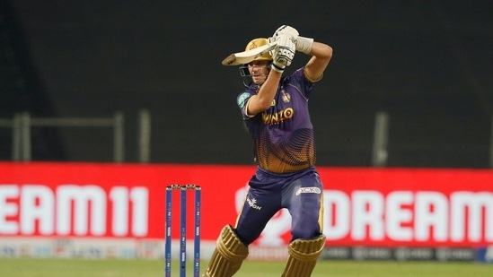 Pune, Apr 06 (ANI): Kolkata Knight Riders Pat Cummins plays a shot during the Indian Premier League 2022 match between Kolkata Knight Riders and Mumbai Indians, at the MCA International Stadium in Pune on Wednesday. (ANI Photo/IPL Twitter)(ANI)