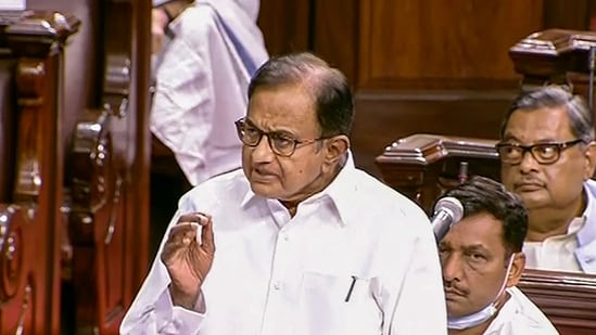 Congress MP P. Chidambaram speaks in the Rajya Sabha during the second part of Budget Session of Parliament, in New Delhi, Wednesday.((SANSAD TV/PTI Photo))