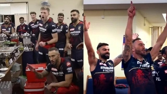 RCB players celebrate their win against RR. (Screengrab)
