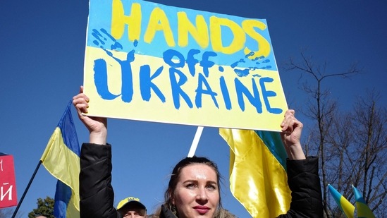 Demonstrators gather to protest Russia�s invasion of Ukraine outside the Russian Embassy in Washington, DC. (Image used only for representation)