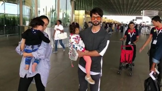 Shahid Kapoor and Mira Rajput with kids Misha Kapoor and Zain Kapoor at Mumbai airport. Shahid says he is helpless in front of his family. Shahid Kapoor and Mira Rajput with kids Misha Kapoor and Zain Kapoor at Mumbai airport. Shahid says he is helpless in front of his family.