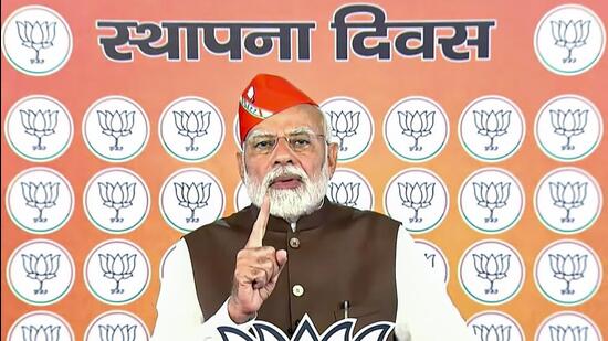 Prime Minister Narendra Modi addressing BJP workers on the occasion of the party's foundation day. (PTI) Prime Minister Narendra Modi addressing BJP workers on the occasion of the party's foundation day. (PTI)