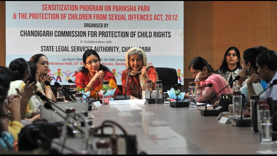The sensitisation programme organised by Chandigarh Commission for Protection of Child Rights (CCPCR) underway at UT guest House on Wednesday. (Ravi Kumar/HT)