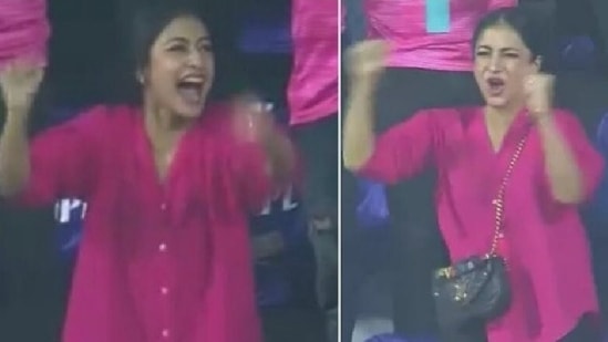 Dhanashree bowls out internet with her animated celebration after Yuzvendra Chahal's stellar show against RCB(Screenshot) Dhanashree bowls out internet with her animated celebration after Yuzvendra Chahal's stellar show against RCB(Screenshot)