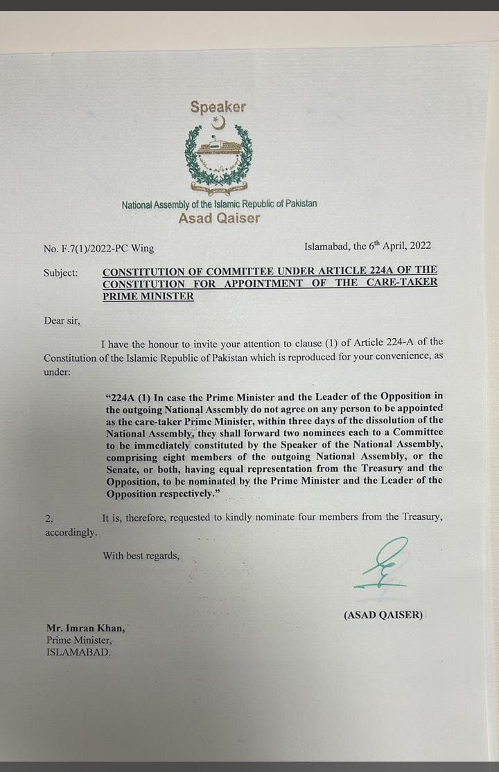 Surat Ketua Majelis Nasional Pakistan Asad Qaiser kepada Imran Khan.