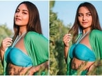 Sonakshi Sinha, who is vacationing in the exotic holiday destination Maldives, took a stroll on the white sand beach in a stunning blue and green three piece co-ord set.(Instagram/@aslisona)