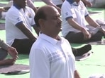 Lok Sabha Speaker during a yoga session at the Yog Utsav organised by the Ayush Ministry.&nbsp;