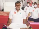 Union Minister of State for Culture and Tourism Prahlad Singh Patel performing yoga at Red Fort in Delhi Union Minister of State for Culture and Tourism Prahlad Singh Patel performing yoga at Red Fort in Delhi