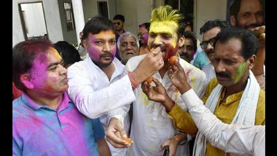 Rashtriya Lok Janshakti Party members celebrate NDA’s victory in Bihar Legislative Council elections in Patna on Thursday. (Santosh Kumar/HT Photo) Rashtriya Lok Janshakti Party members celebrate NDA’s victory in Bihar Legislative Council elections in Patna on Thursday. (Santosh Kumar/HT Photo)
