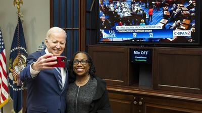 US President Joe Biden takes a selfie with Supreme Court nominee Judge Ketanji Brown Jackson at the Roosevelt Room of the White House in Washington (Twitter/@POTUS) US President Joe Biden takes a selfie with Supreme Court nominee Judge Ketanji Brown Jackson at the Roosevelt Room of the White House in Washington (Twitter/@POTUS)