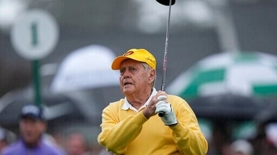 Jack Nicklaus hits his tee shot during the honorary starter ceremony before the first round at the Masters golf tournament. (AP)