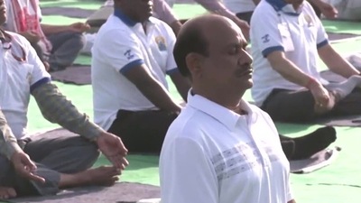 Lok Sabha Speaker during a yoga session at the Yog Utsav organised by the Ayush Ministry. (Twitter/ANI) Lok Sabha Speaker during a yoga session at the Yog Utsav organised by the Ayush Ministry. (Twitter/ANI)