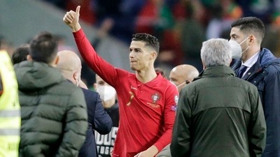 Cristiano Ronaldo celebrates after Portugal qualified for the FIFA World Cup in Qatar (REUTERS)