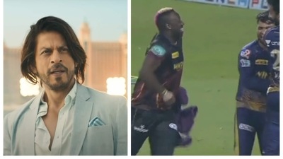 Shah Rukh Khan reacts after Andre Russell dances for Pat Cummins Shah Rukh Khan reacts after Andre Russell dances for Pat Cummins