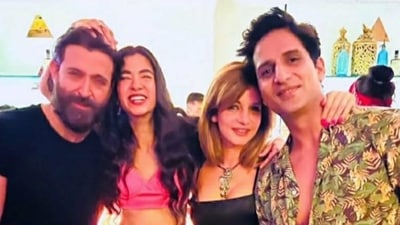 Hrithik Roshan with rumoured girlfriend Saba Azad and Sussanne Khan with rumoured boyfriend Arslan Goni. Hrithik Roshan with rumoured girlfriend Saba Azad and Sussanne Khan with rumoured boyfriend Arslan Goni. 