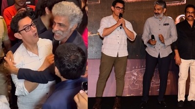 Aamir Khan, Makarand Despande and SS Rajamouli at RRR bash. (Varinder Chawla) Aamir Khan, Makarand Despande and SS Rajamouli at RRR bash. (Varinder Chawla)
