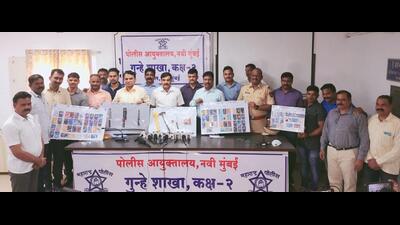 The Navi Mumbai Crime Branch, Zone II, has arrested eight accused for cheating several people across Mumbai and Navi Mumbai by promising to help withdraw money from ATM and instead exchanging their ATMC cards with blocked ATM cards. Here the police officials are displaying the recovered items from the accused. (HT PHOTO)