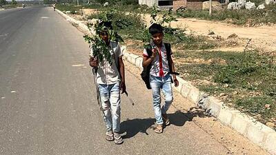 Children using tree branches to shield themselves from the scorching sun in Mohali on Thursday. (Ravi Kumar/HT)