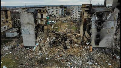 This aerial view taken on April 6, 2022 shows a destroyed residential building in the town of Borodianka, northwest of Kyiv, on April 6, 2022, during Russia's military invasion launched on Ukraine. (AFP) This aerial view taken on April 6, 2022 shows a destroyed residential building in the town of Borodianka, northwest of Kyiv, on April 6, 2022, during Russia's military invasion launched on Ukraine. (AFP)