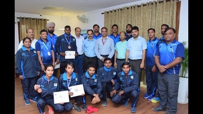 NCR athletics team with officials on Thursday. (HT Photo)