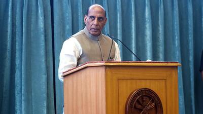 Union defence minister Rajnath Singh addresses the gathering during the release of the third list of over 101 military systems and weapons that will come under an import ban over the next five years and be developed indigenously, at DRDO Bhawan in New Delhi on Thursday. (HT PHOTO.) Union defence minister Rajnath Singh addresses the gathering during the release of the third list of over 101 military systems and weapons that will come under an import ban over the next five years and be developed indigenously, at DRDO Bhawan in New Delhi on Thursday. (HT PHOTO.)