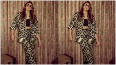 Huma Qureshi earlier made jaws drop in a fancy printed co-ord set teamed with a black crop top and frames.&nbsp; (Instagram/@iamhumaq)