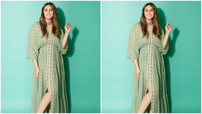 Huma Qureshi earlier stunned in an easy breezy pastel green kaftan with featuring a thigh-high slit and dramatic sleeves. (Instagram/@iamhumaq)