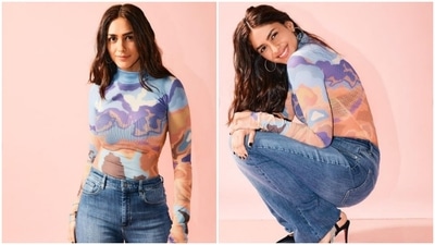 Mrunal Thakur kept her promotions look simple yet very trendy in a marble print turtleneck and high-rise old school boot cut denim.&nbsp; (Instagram/@mrunalthakur)