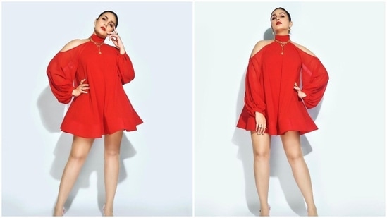 Huma Qureshi set the internet on fire with her latest look in a flattering short red dress with cold shoulders by teamed with gold jewellery.(Instagram/@iamhumaq)