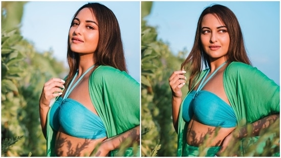 Sonakshi Sinha, who is vacationing in the exotic holiday destination Maldives, took a stroll on the white sand beach in a stunning blue and green three piece co-ord set.(Instagram/@aslisona)
