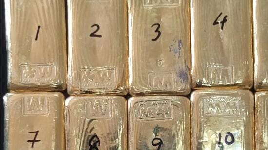 Each gold bar was packed in plastic with a white sticker pasted on it. Each bar weighed around 166 gms, according to the police. (HT PHOTO.)