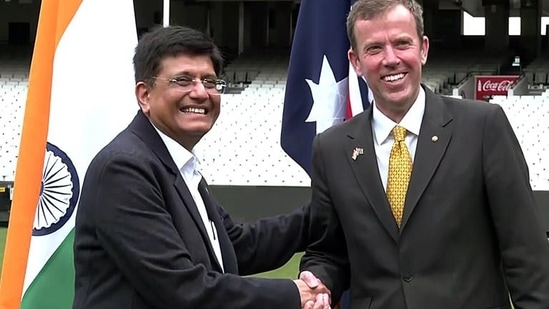 Union minister Piyush Goyal with Australia’s minister for trade, tourism and investment Dan Tehan at Melbourne Cricket Ground in Melbourne on Wednesday. (ANI)